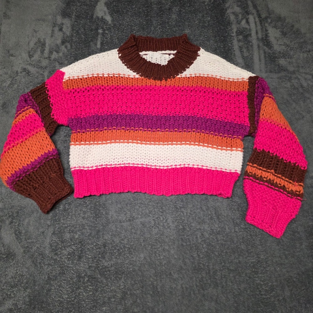 Chunky Knit Sweater Womens M Crop hand-knit texture balloon sleeves multicolor